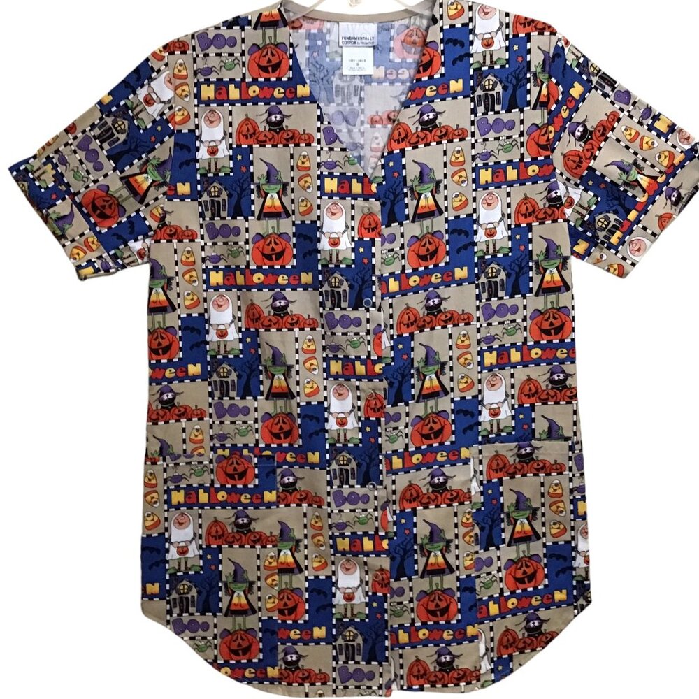Halloween Scrub Top Sz Small Snap Front Witch Spider Pumpkin Bats Scrubs New NWT